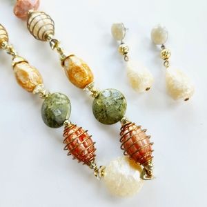 Vibrant Beaded Necklace and Faux Drop Pearl Earrings